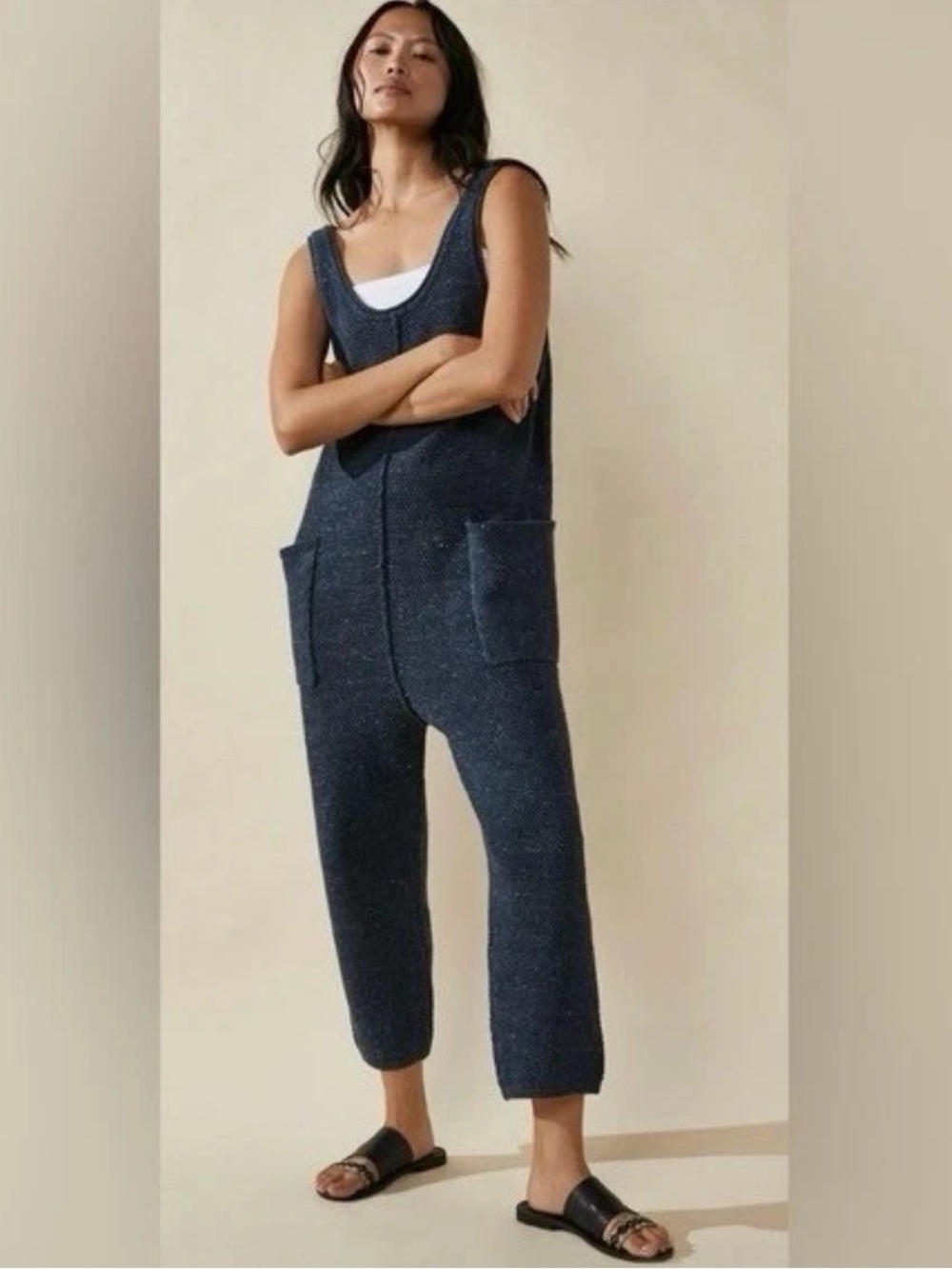Free People FP Beach Hailee Sweater Knit Jumpsuit Blue Sz M Bohemian Oversized